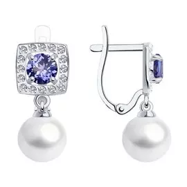 Серьги из белого золота с жемчугом, ситаллами и фианитами 792309