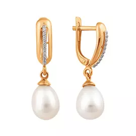 Серьги из красного золота с жемчугом с фианитами 004402-1612