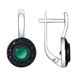 Серьги из серебра с агатами зелеными и фианитами с родированием 92021545