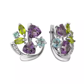Серьги из серебра с аметистами, топазами и фианитами с родированием 92022099