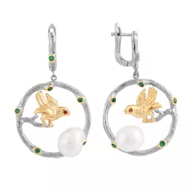 Серьги из серебра с гранатом, шпинелью и жемчугом (синт.) с чернением и позолотой И2-1142-21-61