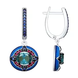 Серьги из серебра с наноситаллами, фианитами и эмалью с родированием 92021891