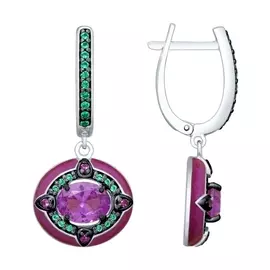 Серьги из серебра с наноситаллами, фианитами и эмалью с родированием 92021892