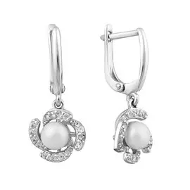 Серьги из серебра с жемчугом и фианитами с родированием 21-0177-23-06