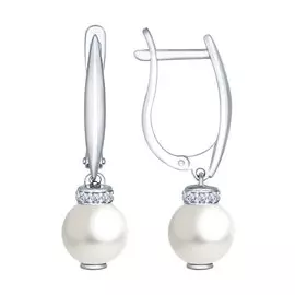 Серьги из серебра с жемчугом и фианитами с родированием 94022232