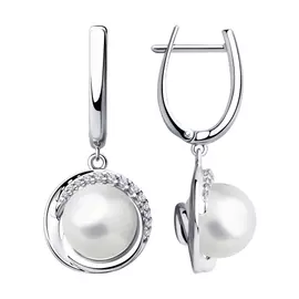 Серьги из серебра с жемчугом и фианитами с родированием 94023490