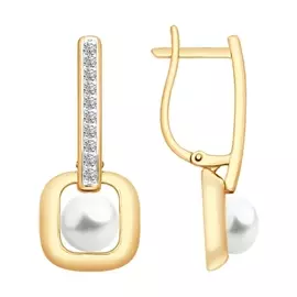 Серьги из красного и белого золота с жемчугом и фианитами 792084