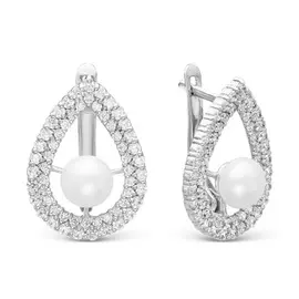 Серьги из серебра с жемчугом и фианитами с родированием 2-1070р