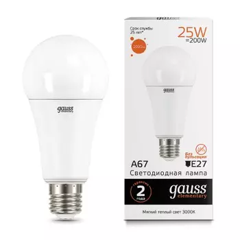 Лампа Gauss LED Elementary A67 25W E27 2000lm 3000K (73215)