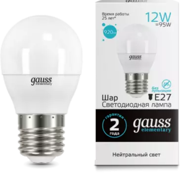 Лампа Gauss LED Elementary Шар 12W 920lm E27 4100K (53222)