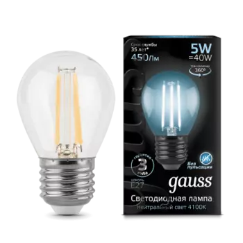 Лампа Gauss LED Filament Шар E27 5W 450lm 4100K (105802205)