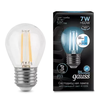 Лампа Gauss LED Filament Шар E27 7W 580lm 4100K step dimmable 1/10/50