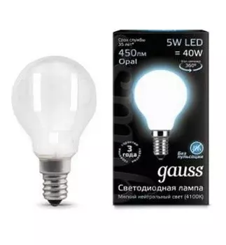 Лампа Gauss LED Filament Шар OPAL E14 5W 450lm 4100K (105201205)