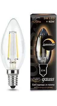 Лампа Gauss LED Filament Свеча dimmable E14 5W 420lm 2700К 1/10/50