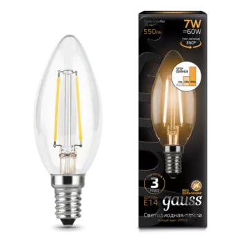 Лампа Gauss LED Filament Свеча E14 7W 550lm 2700К step dimmable 1/10/50