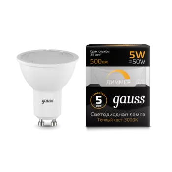 Лампа Gauss LED MR16 GU10-dim 5W 500lm 3000K диммируемая 101506105-D