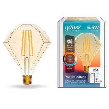 Лампа светодиодная филаментная Gauss Smart Home DIM+CCT E27 Diamond Golden 6,5 Вт 2000-5500 К (1370112)
