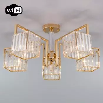 Потолочная люстра с управлением по Wi-Fi Eurosvet April 10126/5 золото/прозрачный хрусталь Strotskis Smart (10117/5)