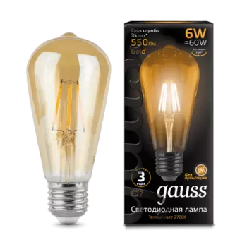 Ретро лампа Gauss LED Filament ST64 E27 6W Golden 550lm 2400К (102802006)