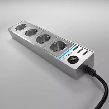 Розеточный блок 4-х местный + 3 USB серебряный/серебряный рифленый WL20-04-03 Werkel
