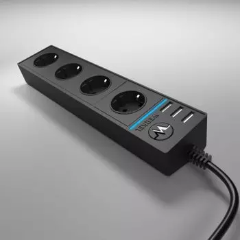 Розеточный блок 4-х местный + 3 USB черный WL20-04-03 Werkel