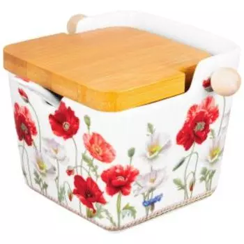 Банка для сыпучих продуктов Elan Gallery Маки, 300 мл, с откидной крышкой, фарфор/бамбук