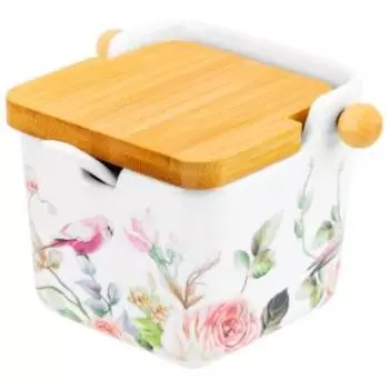 Банка для сыпучих продуктов Певчие птички с ложкой, 250 мл, фарфор, откидная бамбуковая крышка