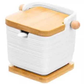 Банка для сыпучих продуктов Шелк, 300 мл, фарфор, ложка/откидная бамбуковая крышка/деревянная подставка