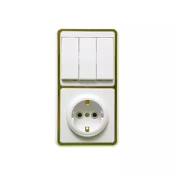 Блок в упаковке трёхклавишный, выключатель, розетка с заземлением