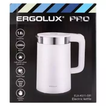 Чайник Ergolux ELX-KS11-C01 PRO, двойной корпус, нерж.сталь/пластик, 1.8 л, 2200 Вт, белый