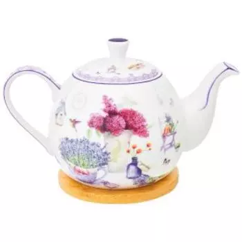 Чайник заварочный Elan Gallery Лаванда, 1.1 л, на подставке, фарфор/бамбук