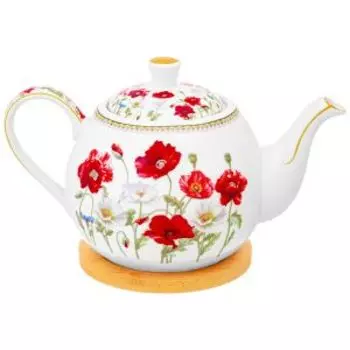 Чайник заварочный Elan Gallery Маки, 1.1 л, на подставке, фарфор/бамбук