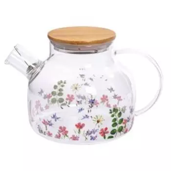 Чайник заварочный SIJ Meadow, 1 л, с бамбуковой крышкой, стекло/сталь