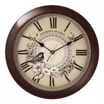 часы настенные Тройка, 11134177, Птичка в цветах, d29см, пластик, венге
