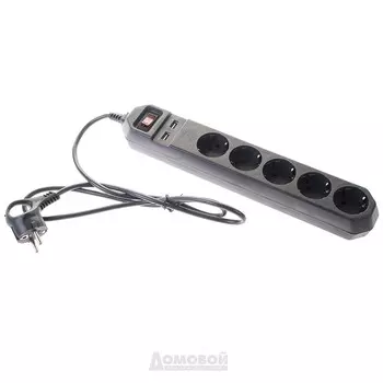 Фильтр сетевой ЭРА, 5 гнезд и 2 USB, с выключателем, с заземлением, 3x0,75 мм, 1,5 м, черный
