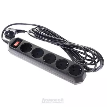 Фильтр сетевой ЭРА, 5 гнезд, с выключателем, с заземлением, 10 А, 3x0,75 мм, 5 м, черный