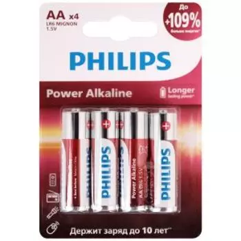 Элемент питания Philips Power, алкалиновый, 1.5 В, АА, 4 шт