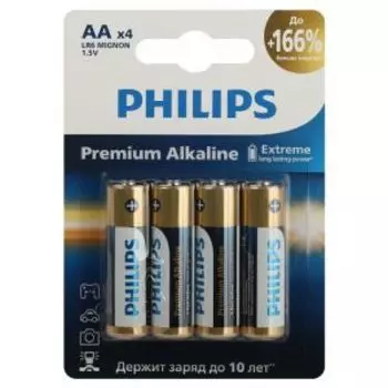 Элемент питания Philips Premium, алкалиновый, 1.5 В, AA, 4 шт