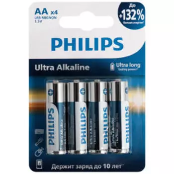 Элемент питания Philips Ultra, алкалиновый, 1.5 В, AA, 4 шт