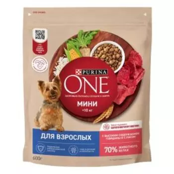Корм сухой Purina One мини для взрослых собак, говядина/рис, 600 г