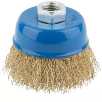 Корщетка чашка, гайка М14, стальная латунированная волнистая проволока 65 мм