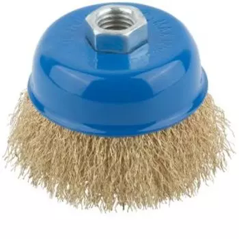 Корщетка чашка, гайка М14, стальная латунированная волнистая проволока 75 мм