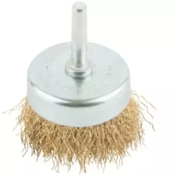 Корщетка чашка, с штифтом, стальная латунированная волнистая проволока 50 мм