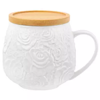 Кружка 400 мл, белые розы, бочонок + крышка-подставка