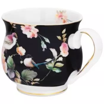 Кружка Elan Gallery Певчие птички на черном, 480 мл, форма бочонок, фарфор