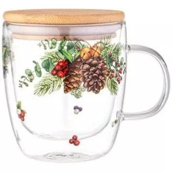 Кружка с двойными стенками Agness Celebration, 330 мл, стекло, бамбуковая крышка