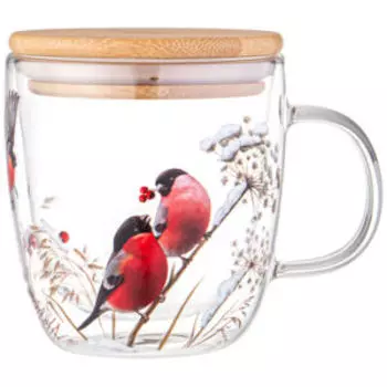 Кружка с двойными стенками Agness Снегири, 330 мл, стекло, бамбуковая крышка