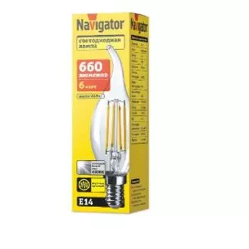 Лампа филаментная Navigator, Е14, 6 Вт, 4000K, свеча на ветру