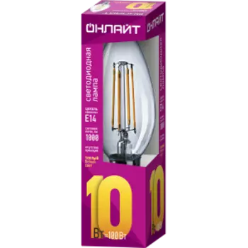 Лампа филаментная Онлайт, Е14, 10 Вт, 2700K, свеча