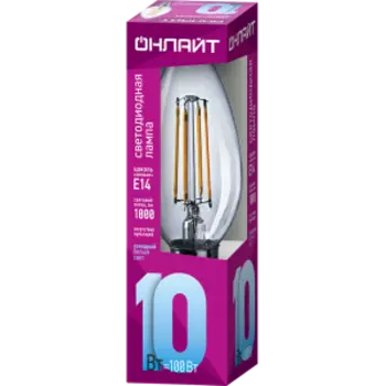 Лампа филаментная Онлайт, Е14, 10 Вт, 4000К, свеча